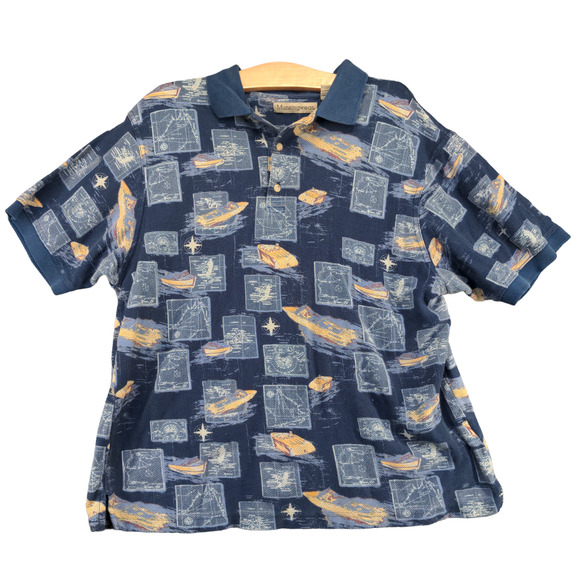 Munsingwear Men's Boat Print Polo Shirt Blue Large Compass Nautical 100% Cotton - Picture 1 of 12